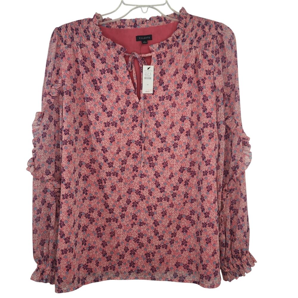 Talbots Pink Blouse Top Tie V-Neck Medium Floral Ruffles Smocked Shoulder NWT